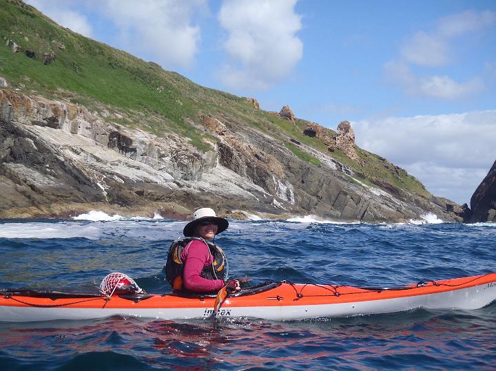 PC290056.JPG - Megan with interesting rock pagodas off eastern Little Broughton Island (Photo by David)