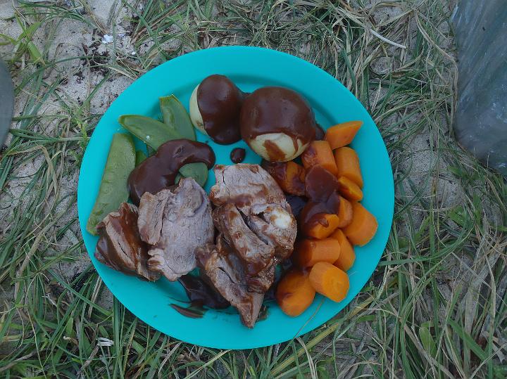 PC290077.JPG - Garlic infused lamb mini roast with potatoes, carrots, snow peas with red wine gravy.  Baked by David (Photo by David)